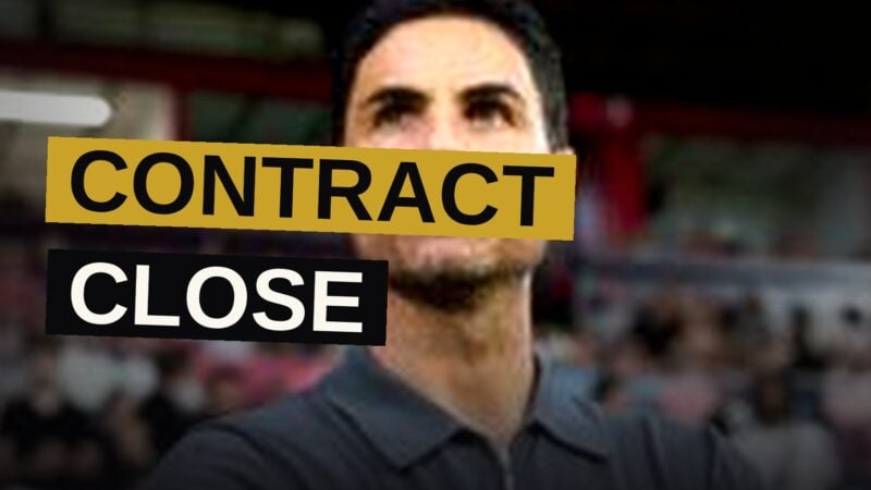 Mikel Arteta stands on the touchline at Emirates Stadium, with a glowing contract document beside him, symbolizing his new deal.
