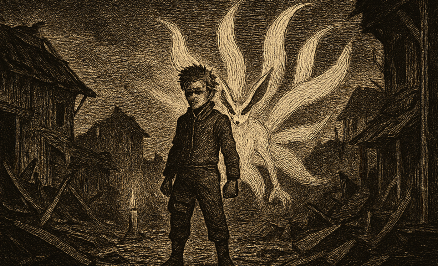 A ninja stands amid ruins as chakra energy glows around him during a dark, dramatic scene.
