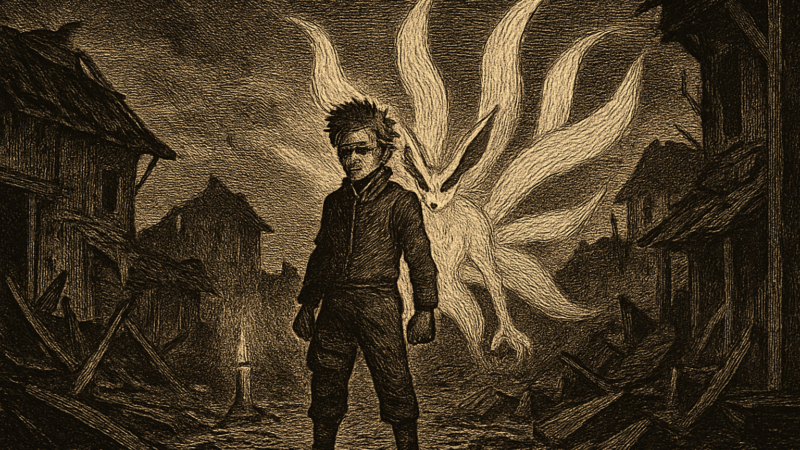 A ninja stands amid ruins as chakra energy glows around him during a dark, dramatic scene.