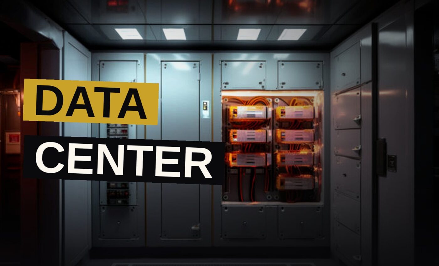 Interior of a modern data center with server racks and overhead HVAC ductwork.