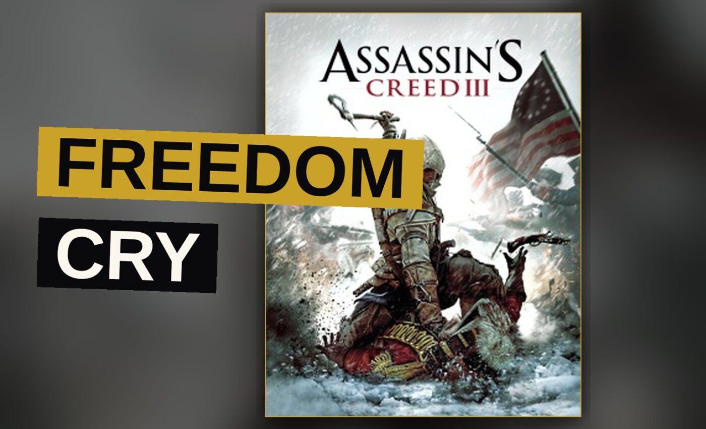 Connor Kenway surveys a colonial landscape while a naval battle rages upon the sea.
