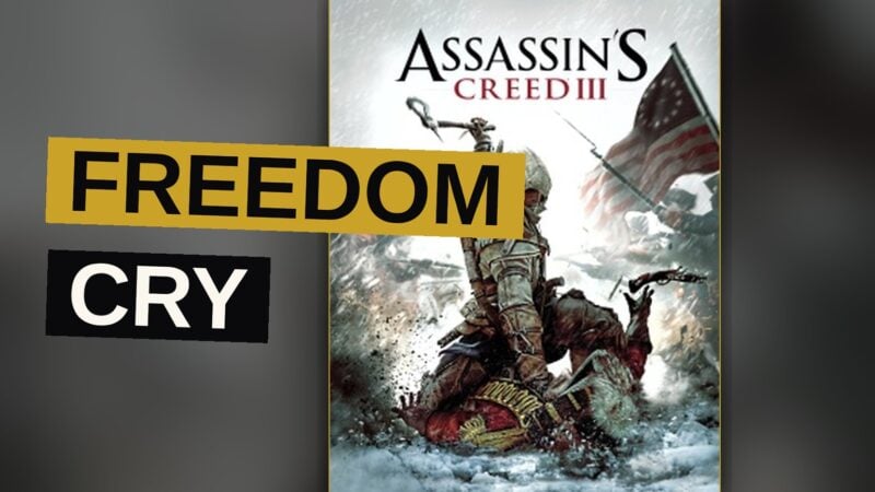 Connor Kenway surveys a colonial landscape while a naval battle rages upon the sea.