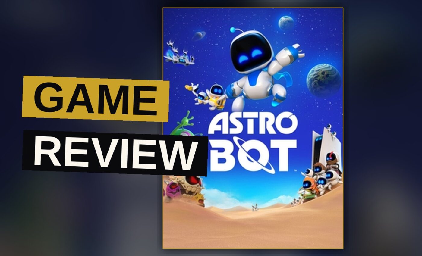 A small blue and white robot jumps between colorful floating platforms in a bright, toy-like 3D world.