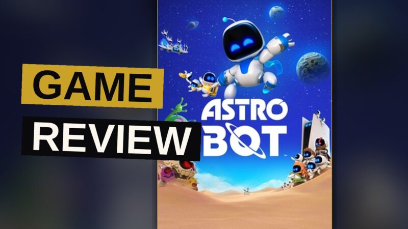 A small blue and white robot jumps between colorful floating platforms in a bright, toy-like 3D world.