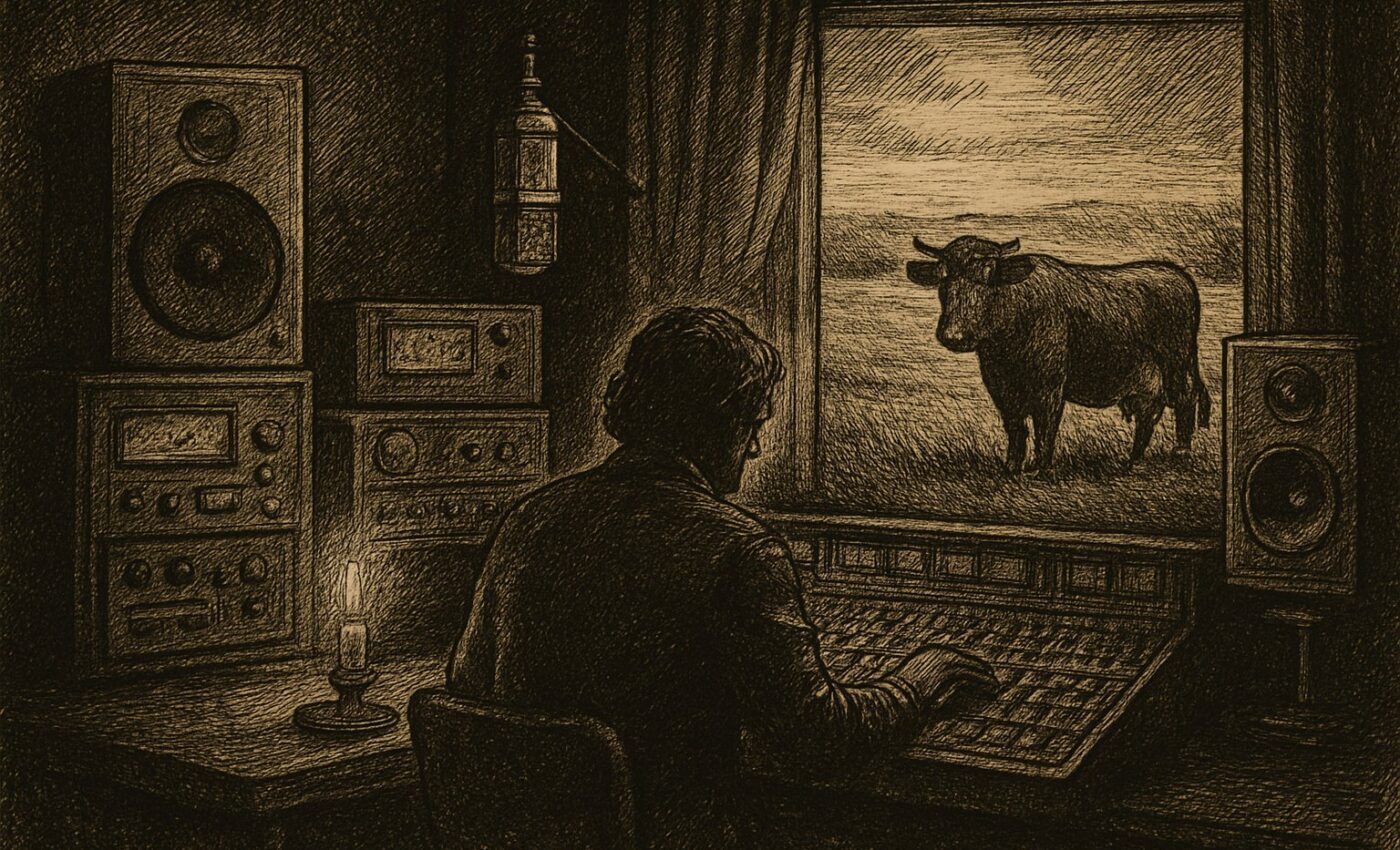 A cow stands calm in a green field beneath a vast, quiet sky, a scene of strange and solemn grandeur.
