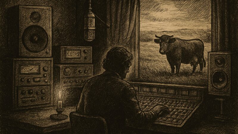 A cow stands calm in a green field beneath a vast, quiet sky, a scene of strange and solemn grandeur.