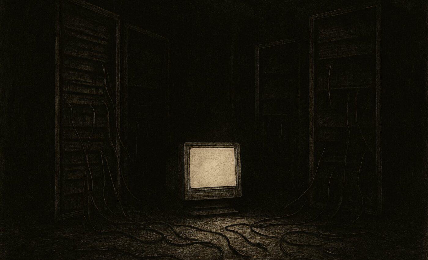 A shadowy chamber of humming machines falls silent as its final light is extinguished.