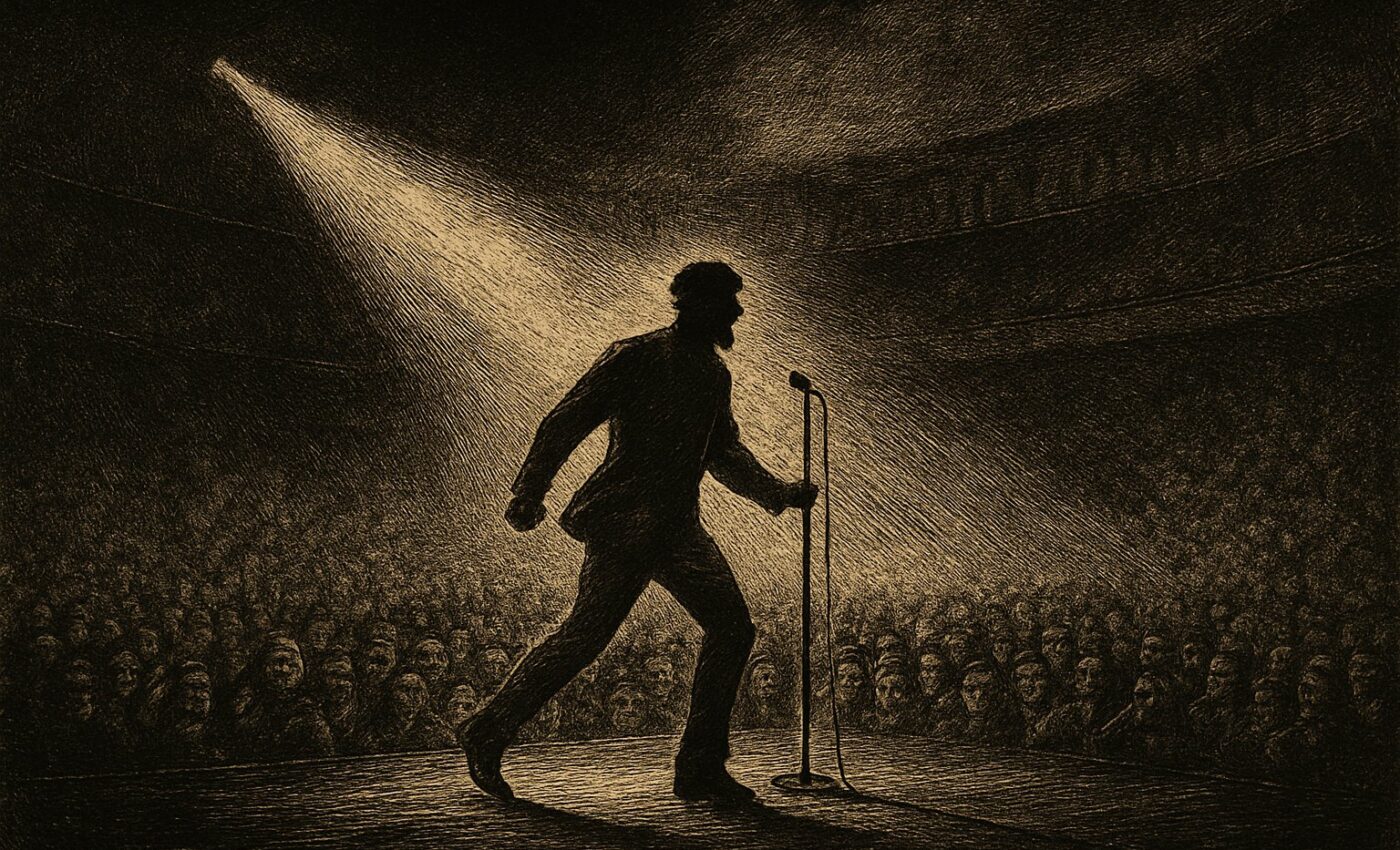 A solitary performer stands upon a vast stage, while many gaze up from the dark below in silent, dreadful wonder.