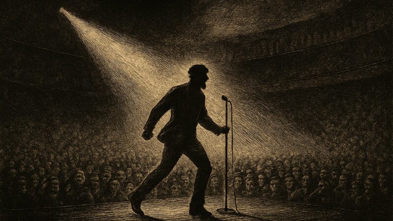 A solitary performer stands upon a vast stage, while many gaze up from the dark below in silent, dreadful wonder.