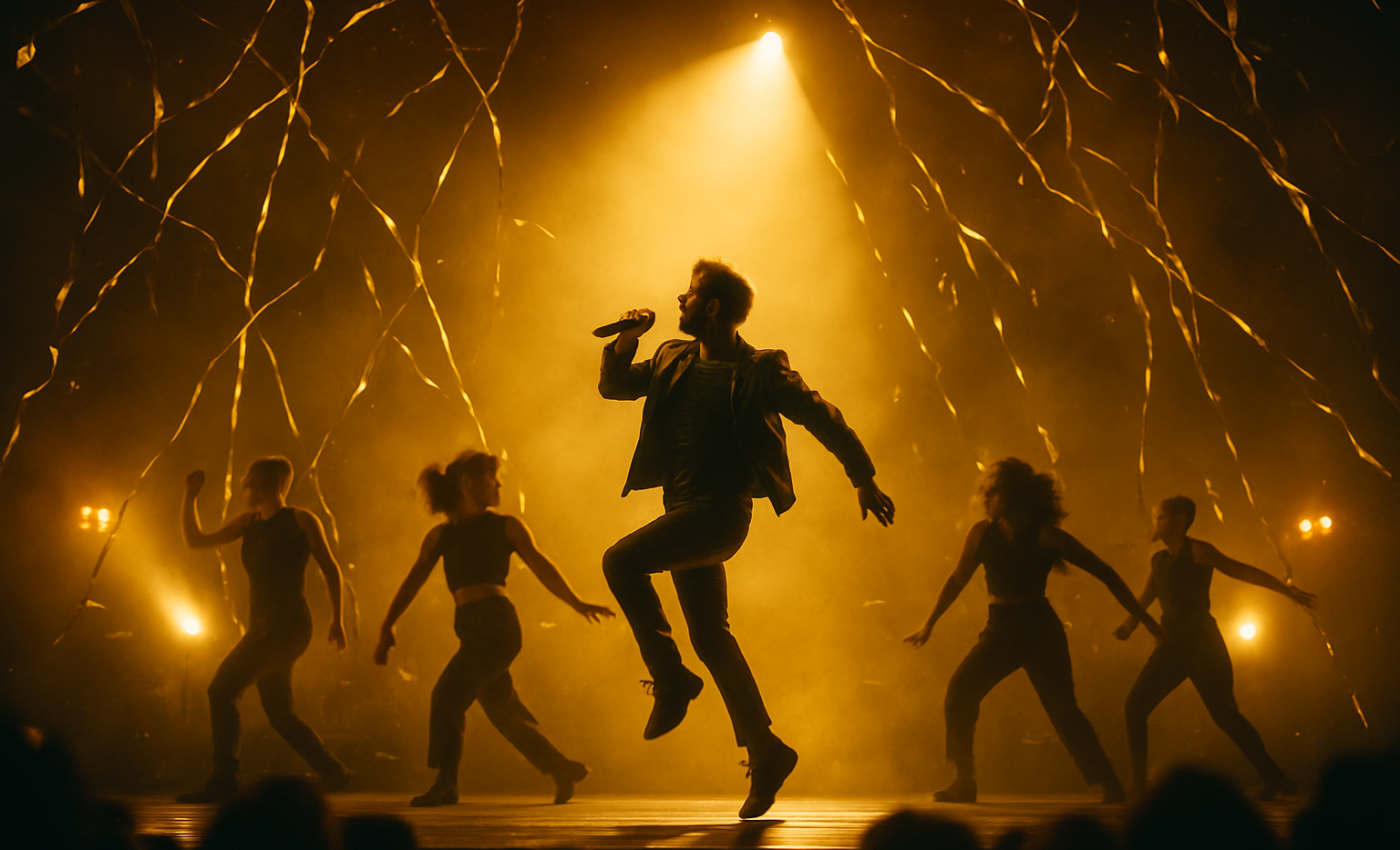 A performer stands triumphant beneath bright lights, dancers near him, as trophies rest upon a stand.