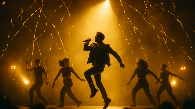 A performer stands triumphant beneath bright lights, dancers near him, as trophies rest upon a stand.