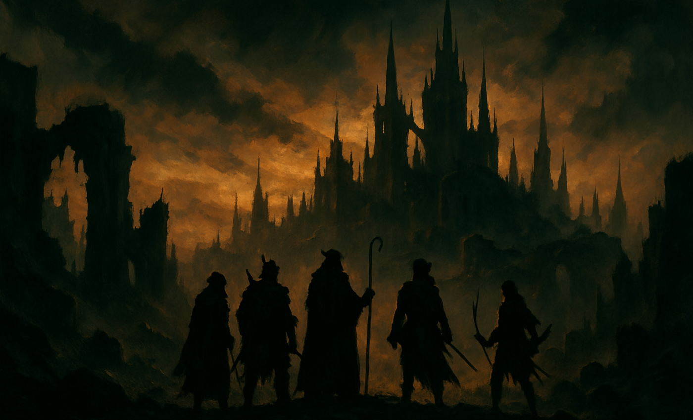 A company of travelers stands before a shadowed and ancient city beneath a brooding twilight sky.