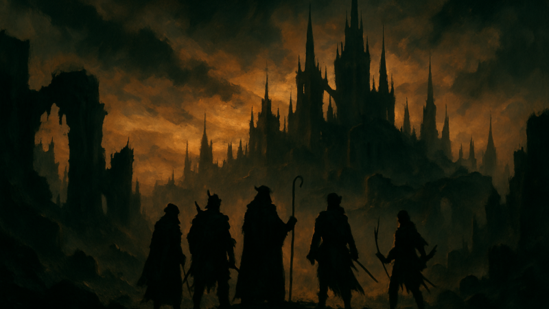 A company of travelers stands before a shadowed and ancient city beneath a brooding twilight sky.