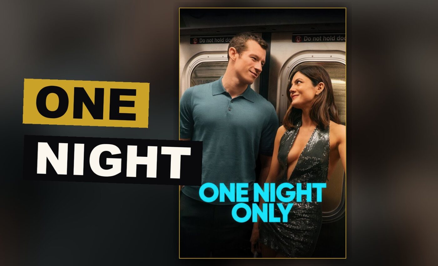 A man and a woman stand close together beneath dim lights, a look of longing and doubt passing between them.
