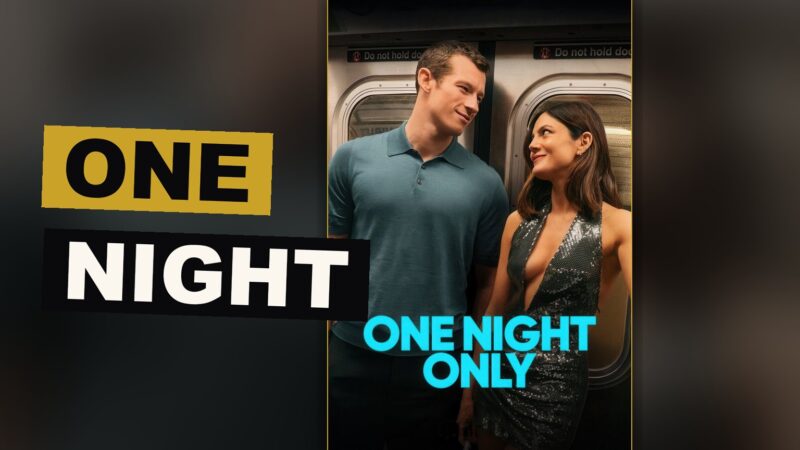 A man and a woman stand close together beneath dim lights, a look of longing and doubt passing between them.