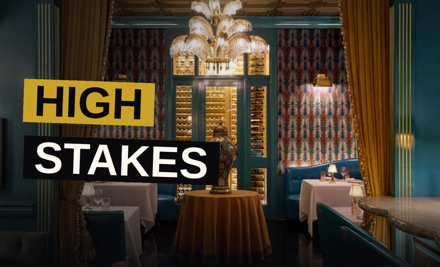 A dark wood and brass steakhouse interior with leather seating and a polished bar, styled like a private London club.