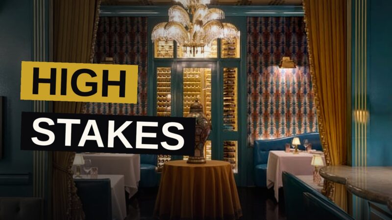 A dark wood and brass steakhouse interior with leather seating and a polished bar, styled like a private London club.