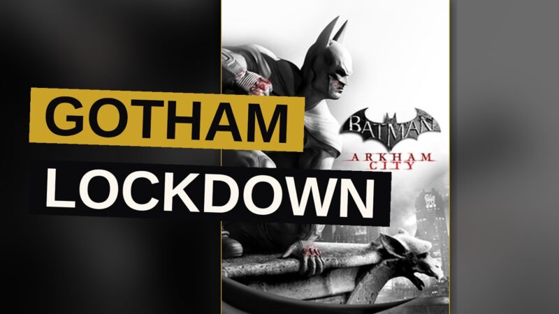 Batman in shadow crouches on a high ledge above a wet, neon-lit prison city at night.