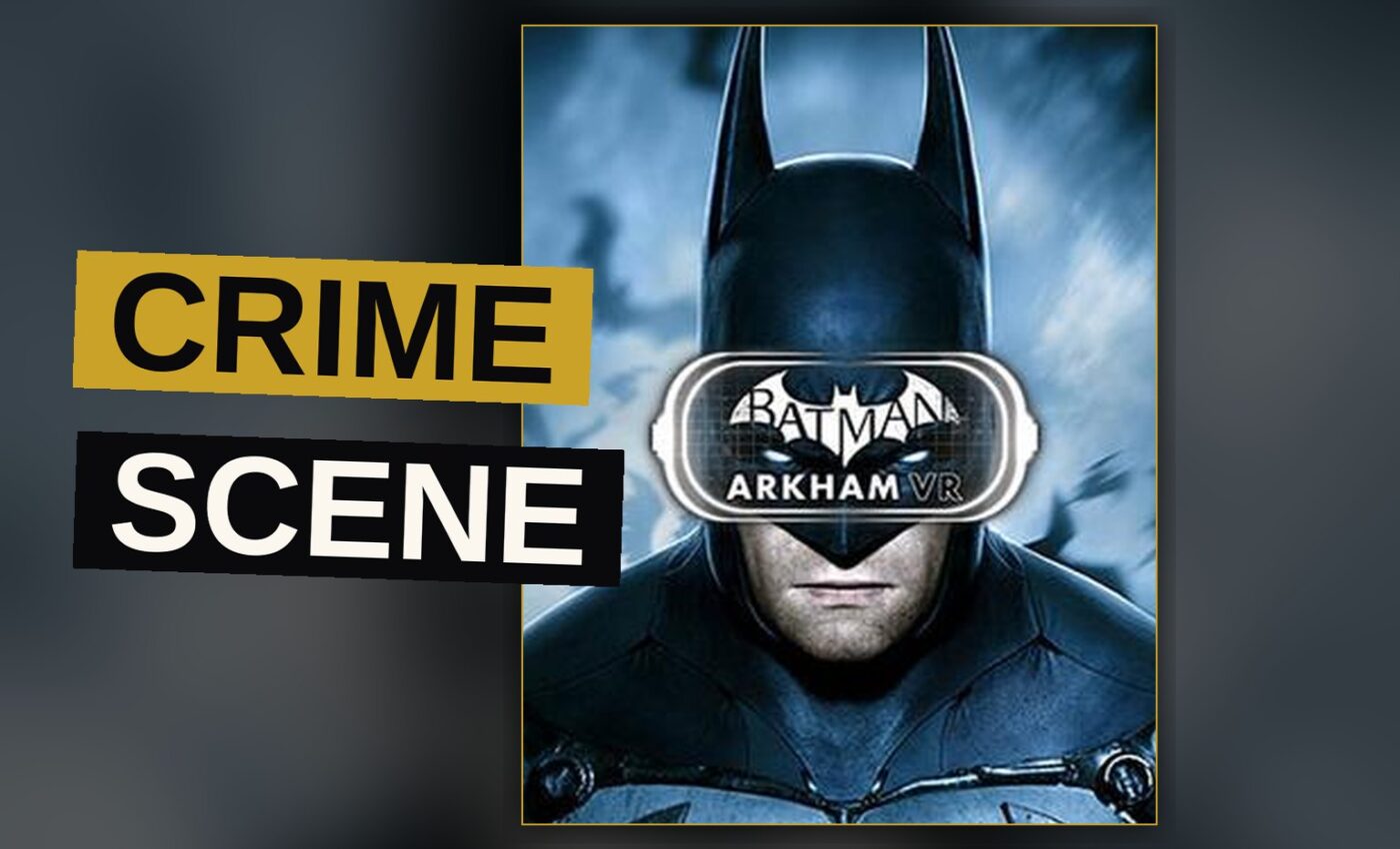Bruce Wayne stands amid a dimly lit Gotham street, rain falling upon the pavement below.