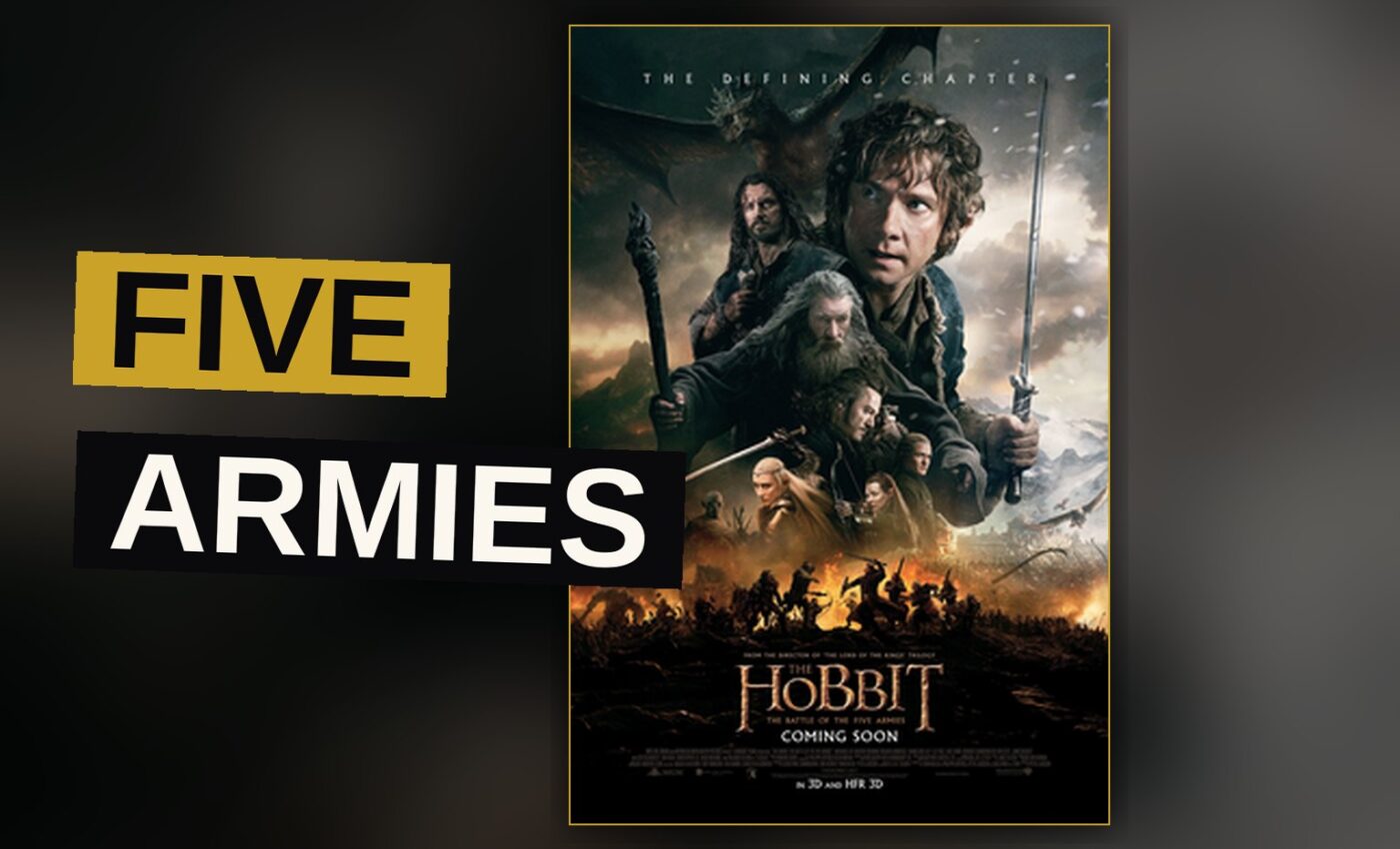 Armies of dwarves, elves, men and orcs clash upon a frozen field beneath a stormy sky.