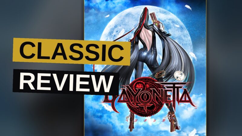 Bayonetta, a witch with guns on her heels, strikes a dynamic pose in mid-air against a gothic cathedral backdrop.
