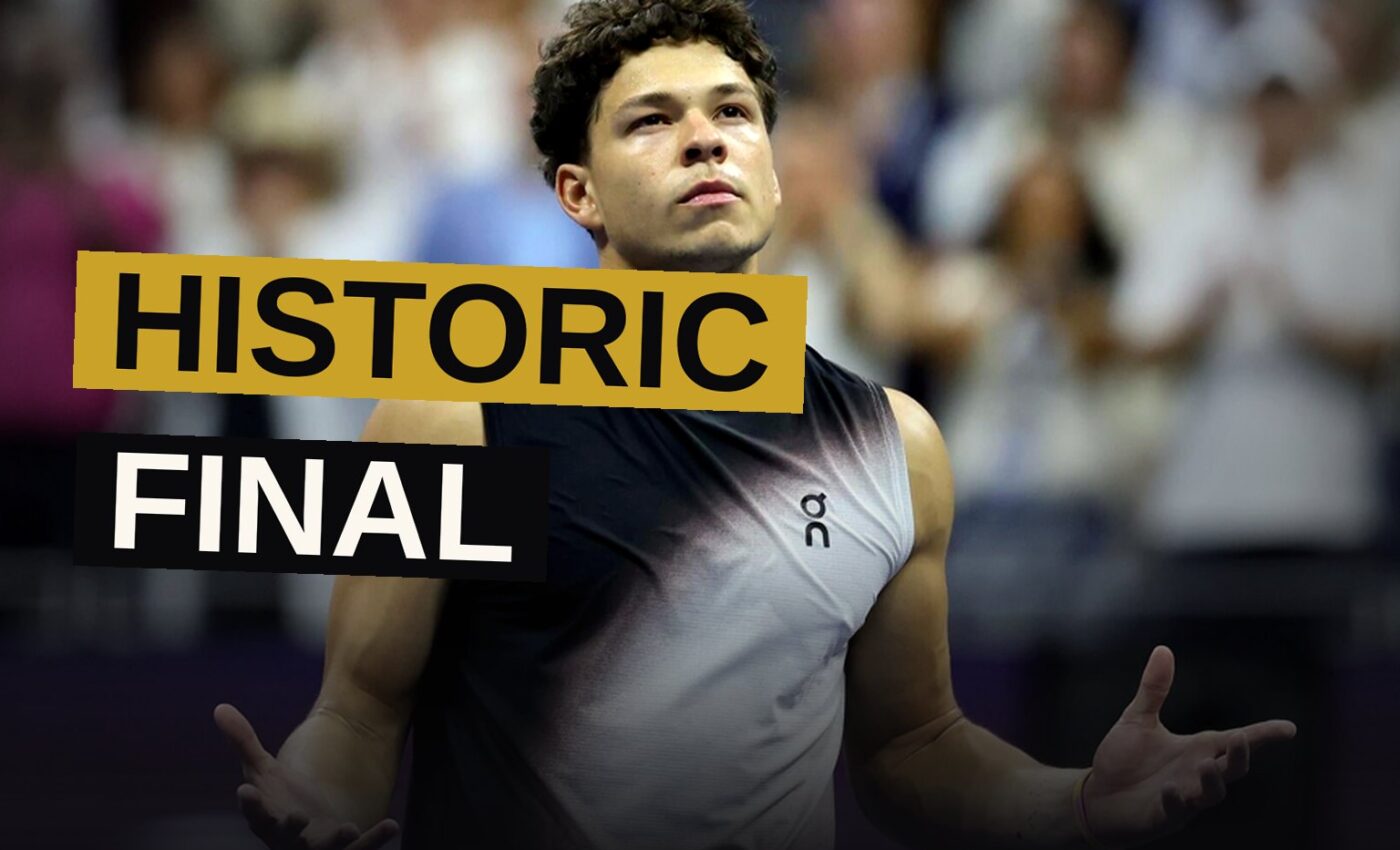 Ben Shelton raises his arms in triumph after defeating Frances Tiafoe at the US Open.