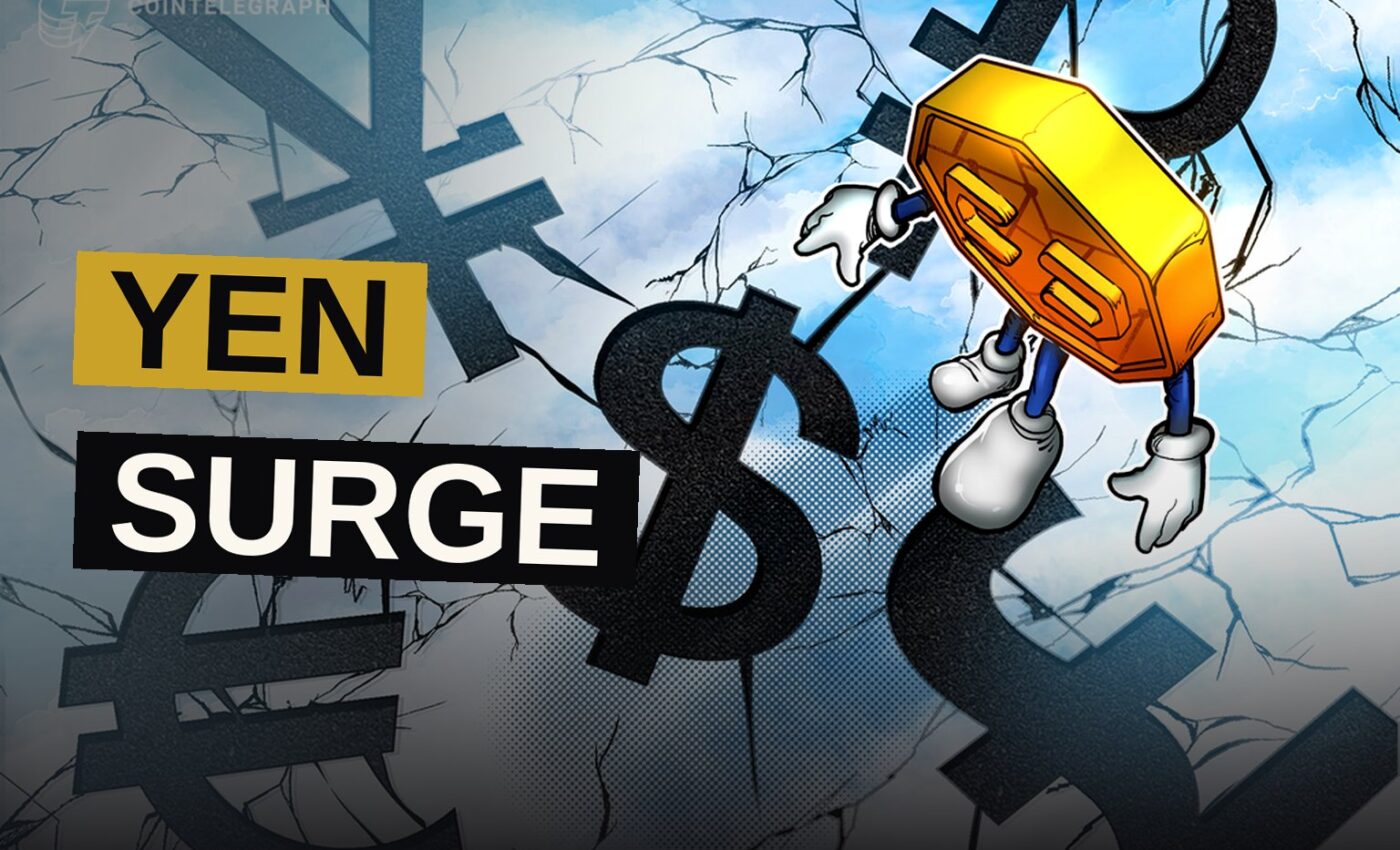 A digital illustration of a bitcoin symbol under pressure beside a surging yen currency chart on a dark trading floor backdrop.