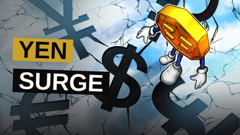 A digital illustration of a bitcoin symbol under pressure beside a surging yen currency chart on a dark trading floor backdrop.