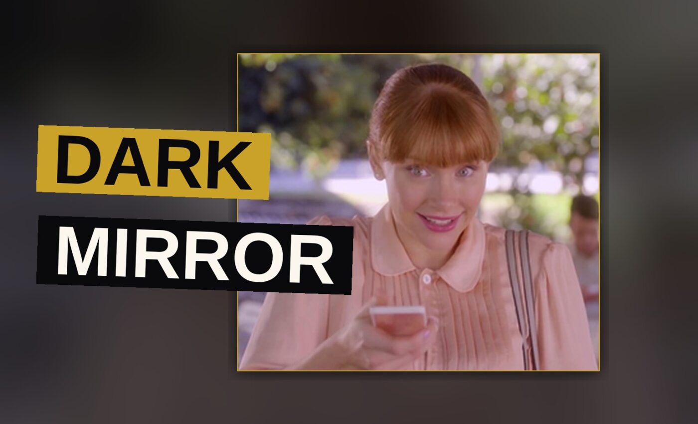 A shadowed mirror reflects a distorted human visage amid flickering electronic light.