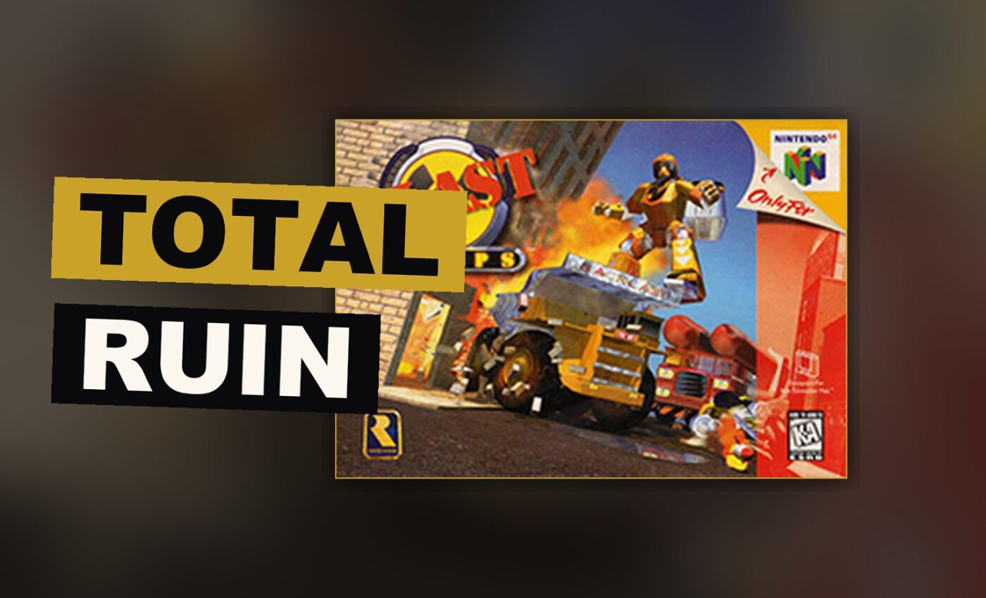 A great machine tears down a row of buildings while a truck bearing peril presses forward without pause.
