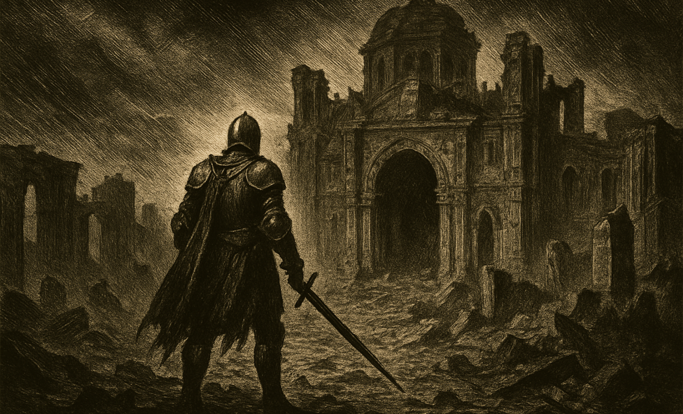 A solitary warrior gazes upon a fallen kingdom's ruined halls beneath a dark and troubled sky.
