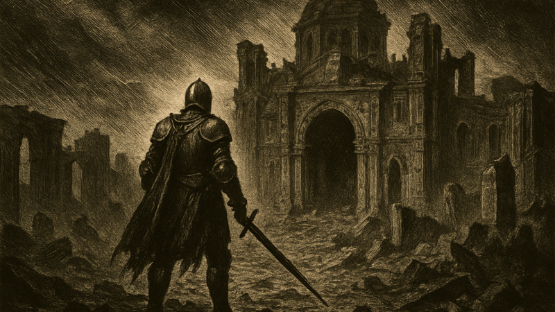 A solitary warrior gazes upon a fallen kingdom's ruined halls beneath a dark and troubled sky.
