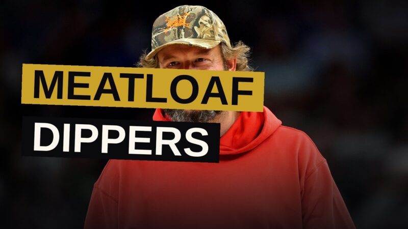 An animated illustration of meatloaf dippers being pulled from a fryer, with a cheerful folk-inspired background.