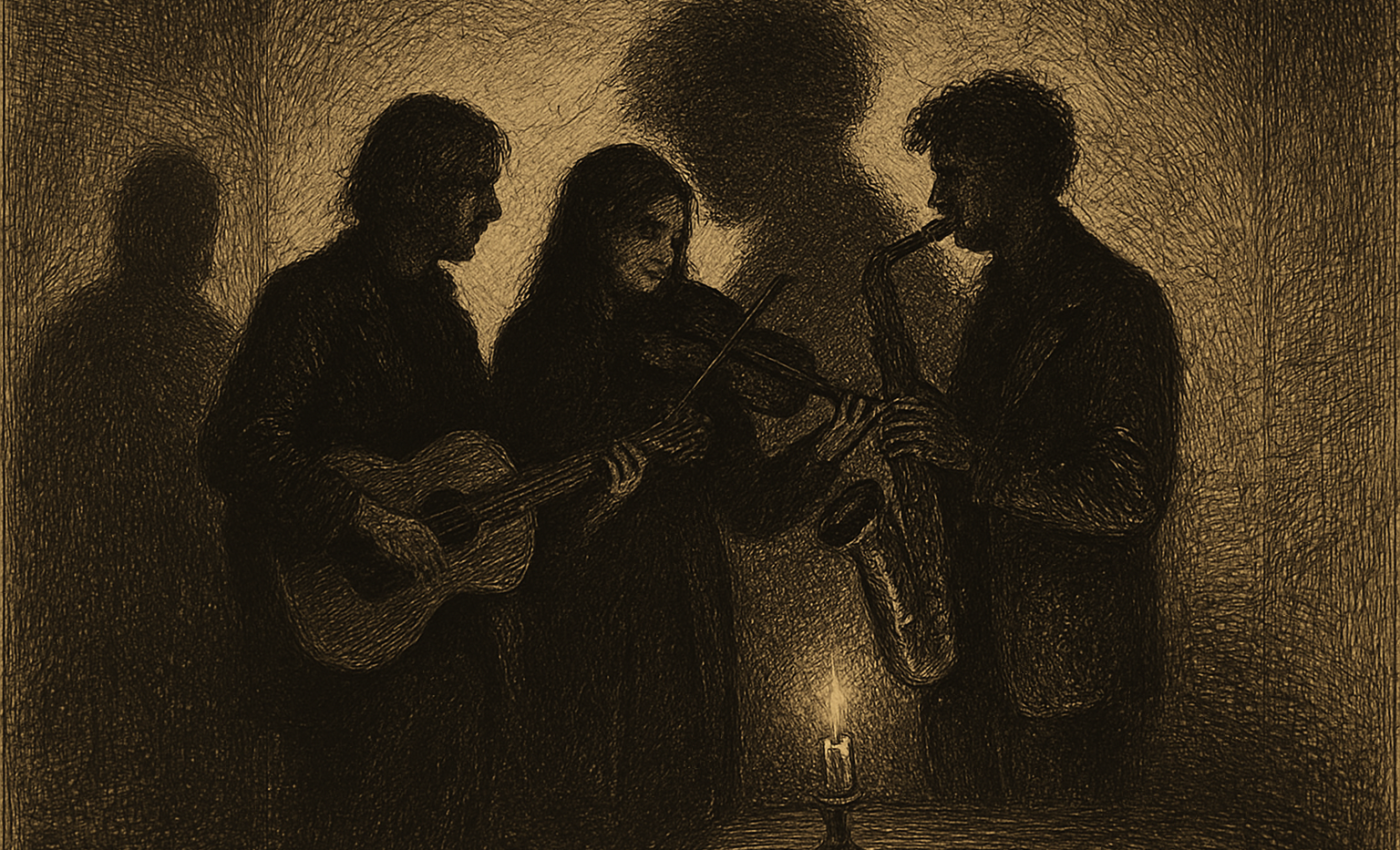 Three musicians stand close together in a dimly lit studio, their shadows merging into one on the wall behind them.