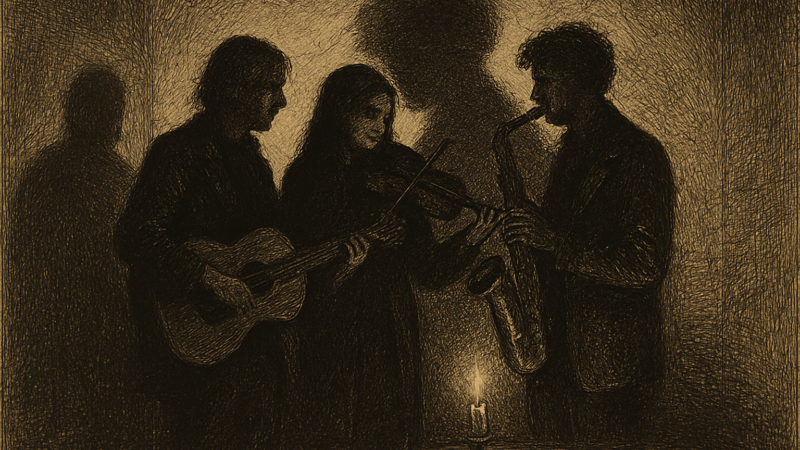 Three musicians stand close together in a dimly lit studio, their shadows merging into one on the wall behind them.