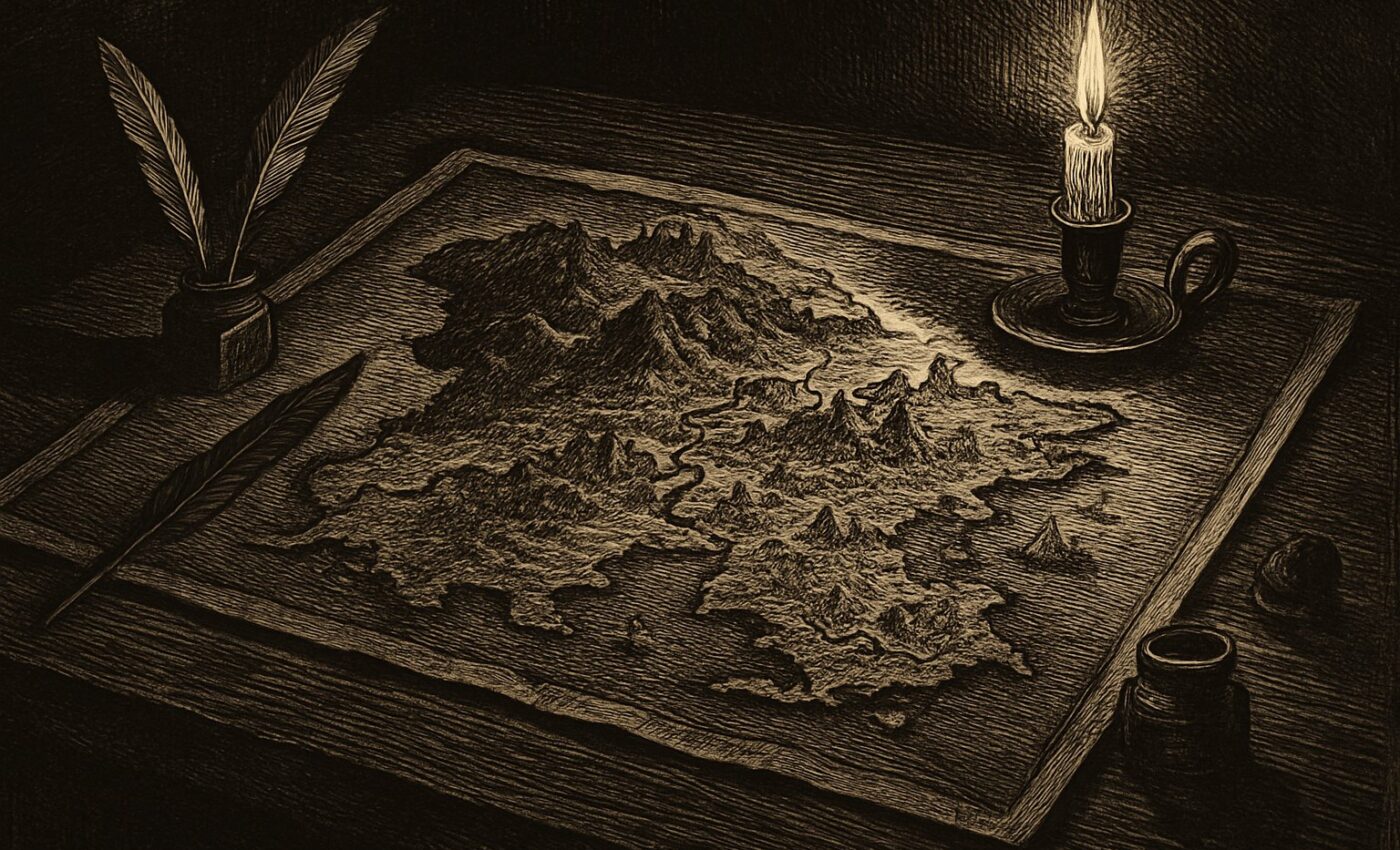 An antique chart of an invented realm lies upon a table beside quills and ink, its lines hinting at distant kingdoms and rivers.