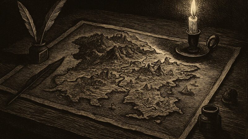 An antique chart of an invented realm lies upon a table beside quills and ink, its lines hinting at distant kingdoms and rivers.