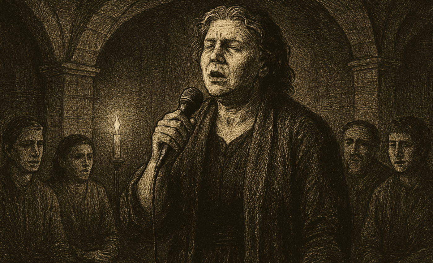 Bridget Everett as Sam sings emotionally in a church basement with a small choir behind her.