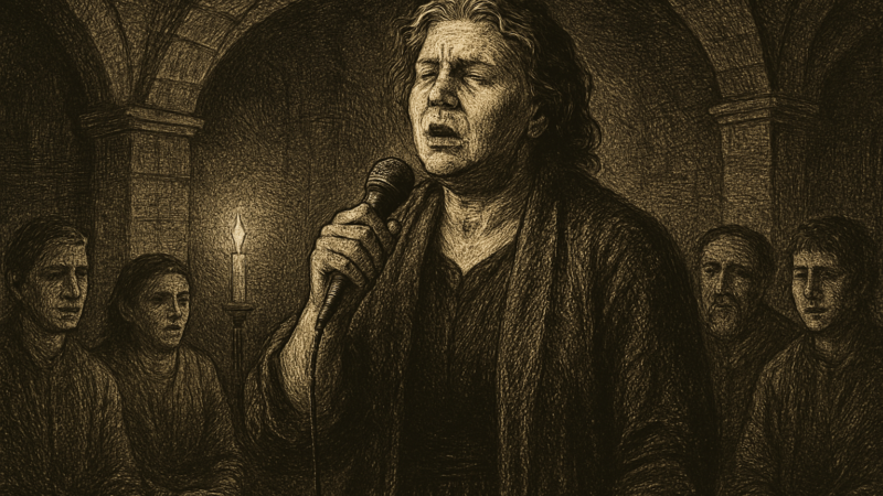 Bridget Everett as Sam sings emotionally in a church basement with a small choir behind her.