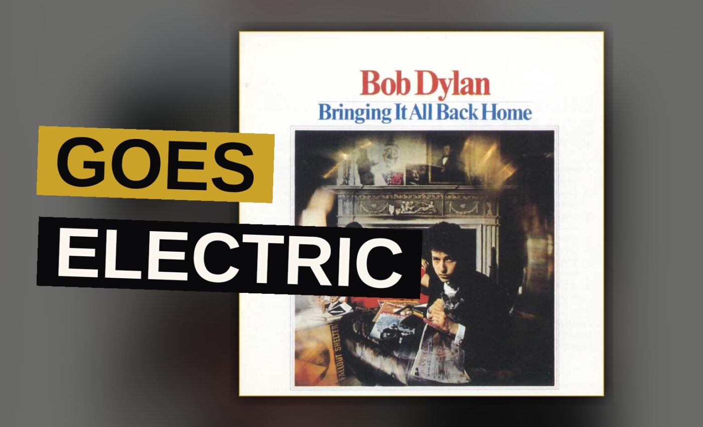 A dimly lit 1960s studio scene evoking Bob Dylan's shift from acoustic folk to electric rock.