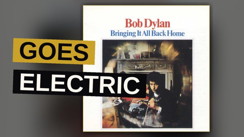A dimly lit 1960s studio scene evoking Bob Dylan's shift from acoustic folk to electric rock.