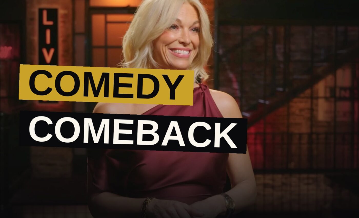 Comedians gather together in a studio setting, discussing jokes and laughing among themselves.