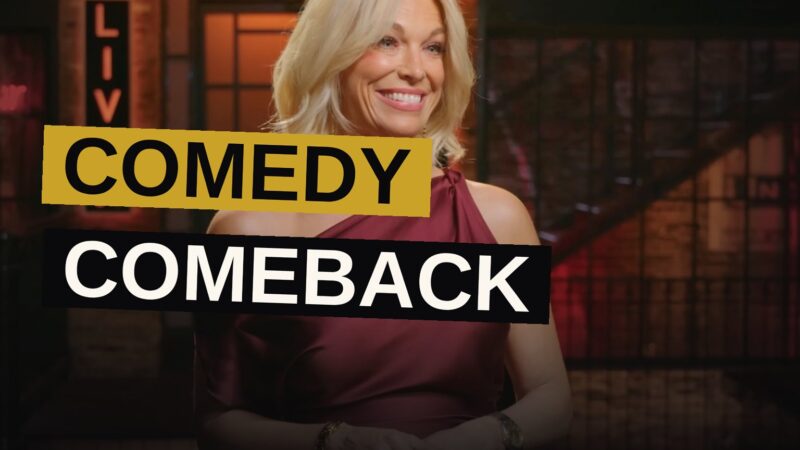 Comedians gather together in a studio setting, discussing jokes and laughing among themselves.