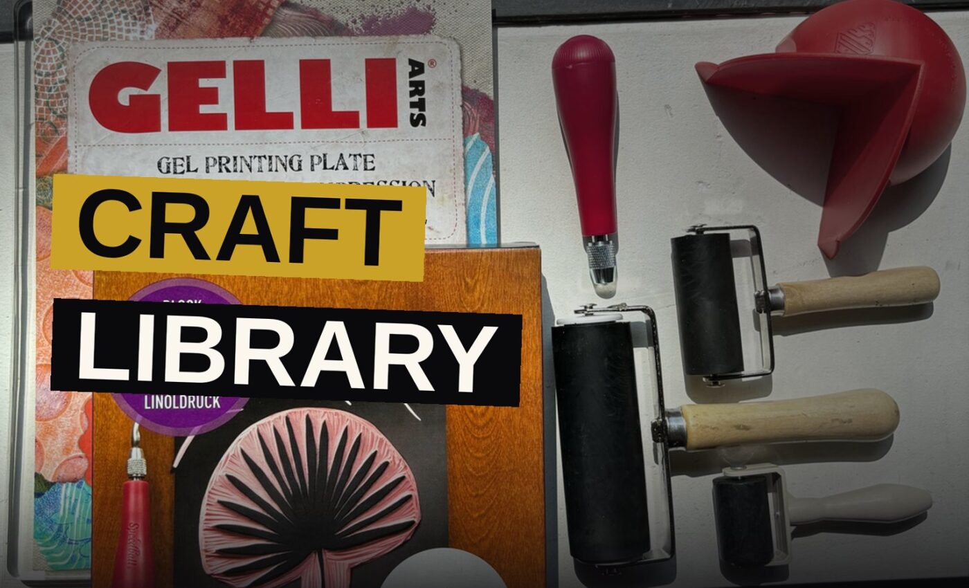 A library shelf displaying a variety of craft supplies and tools for public lending.