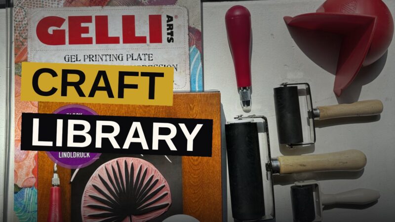 A library shelf displaying a variety of craft supplies and tools for public lending.