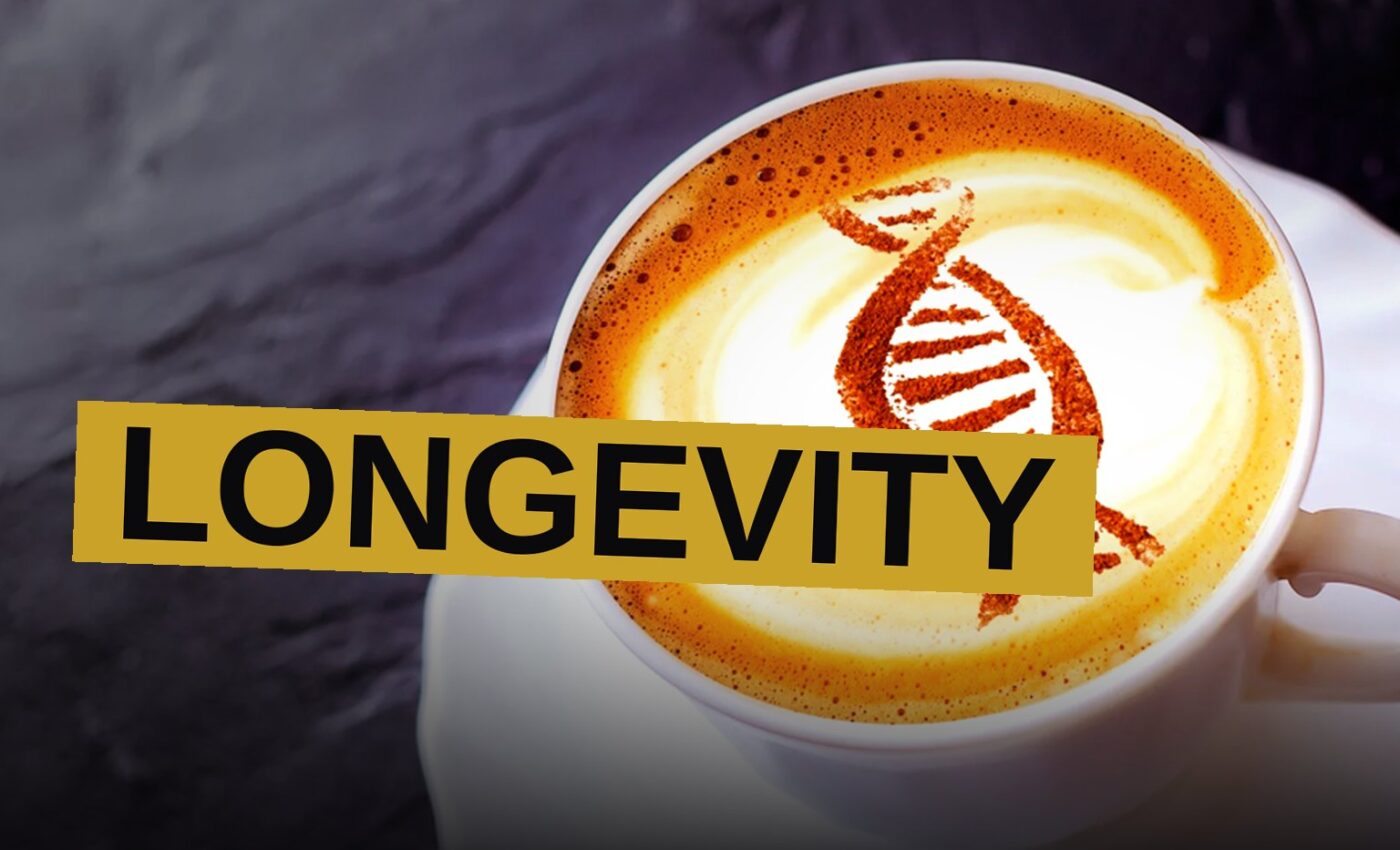 A steaming cup of coffee sits beside a glowing, abstract cellular network, suggesting a link between caffeine and cellular health.