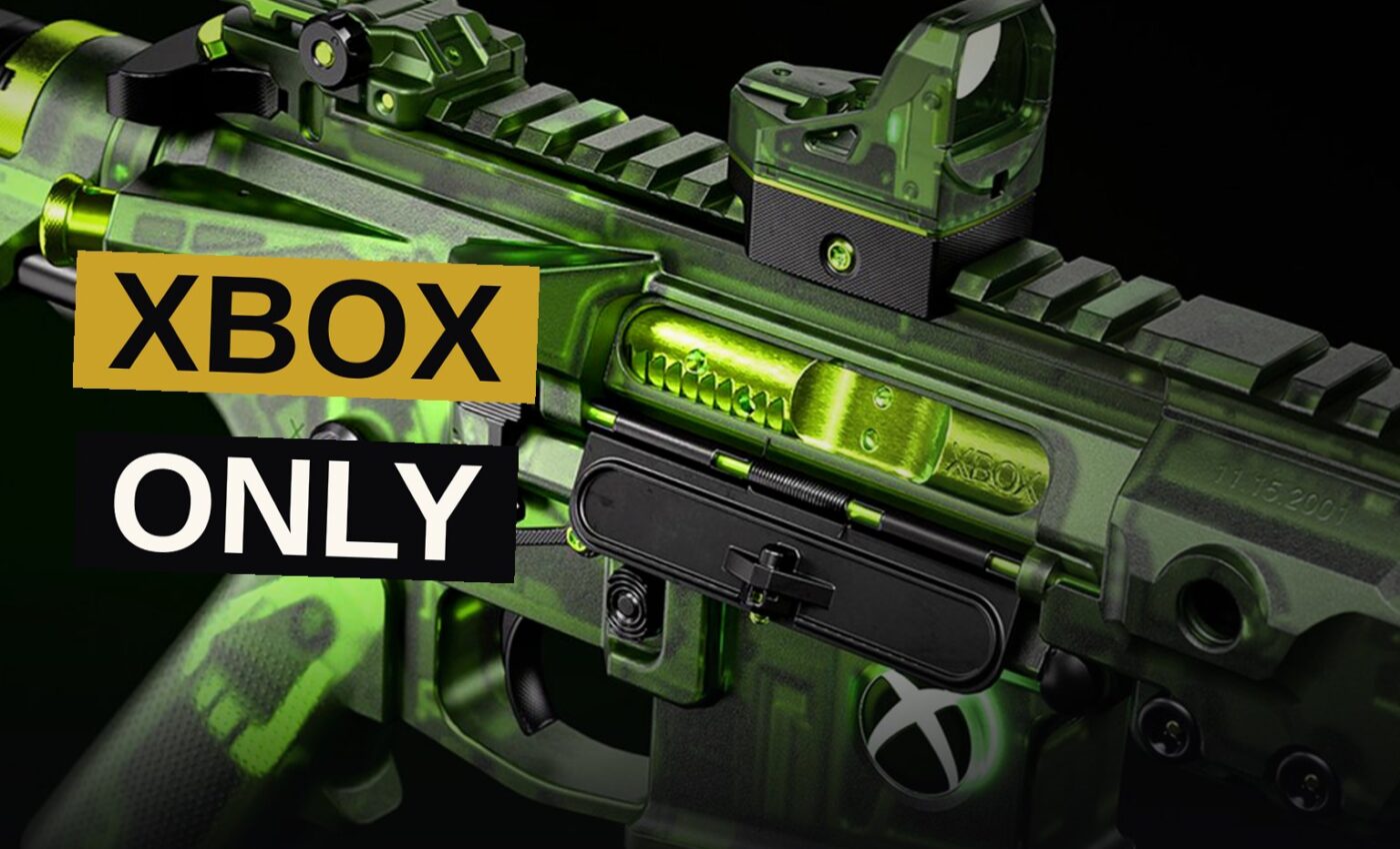 A player's hands hold a green see-through M4 rifle with Xbox branding in a Call of Duty game.