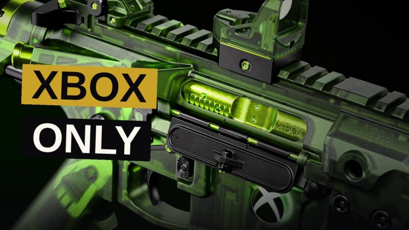 A player's hands hold a green see-through M4 rifle with Xbox branding in a Call of Duty game.