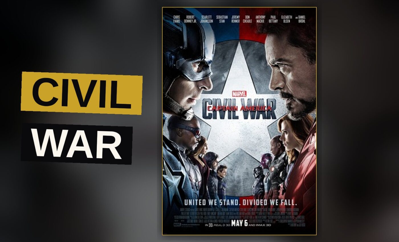 Captain America and Iron Man face off in a tense standoff, with cracked ground beneath them.