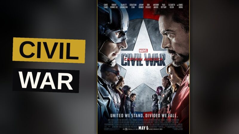 Captain America and Iron Man face off in a tense standoff, with cracked ground beneath them.